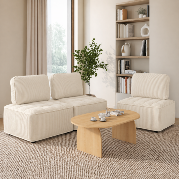 Modulo divano e poltrona in velluto a coste beige | IdMarket