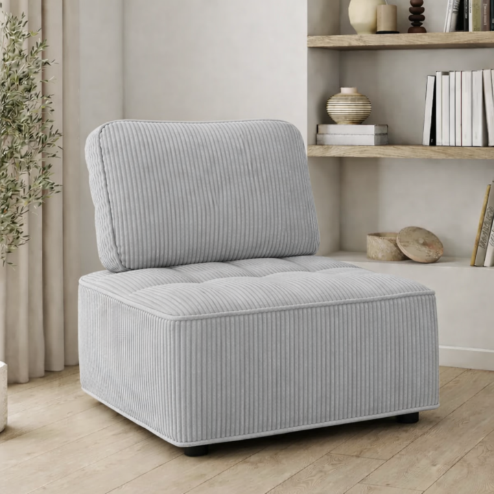 Modulo divano e poltrona in velluto a coste grigio chiaro | IdMarket