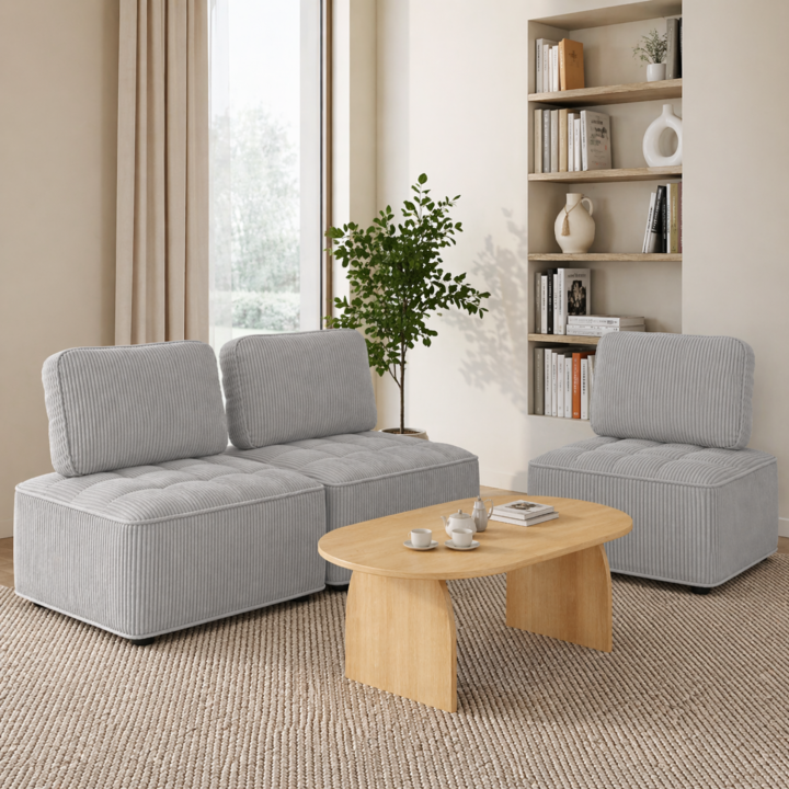 Modulo divano e poltrona in velluto a coste grigio chiaro | IdMarket