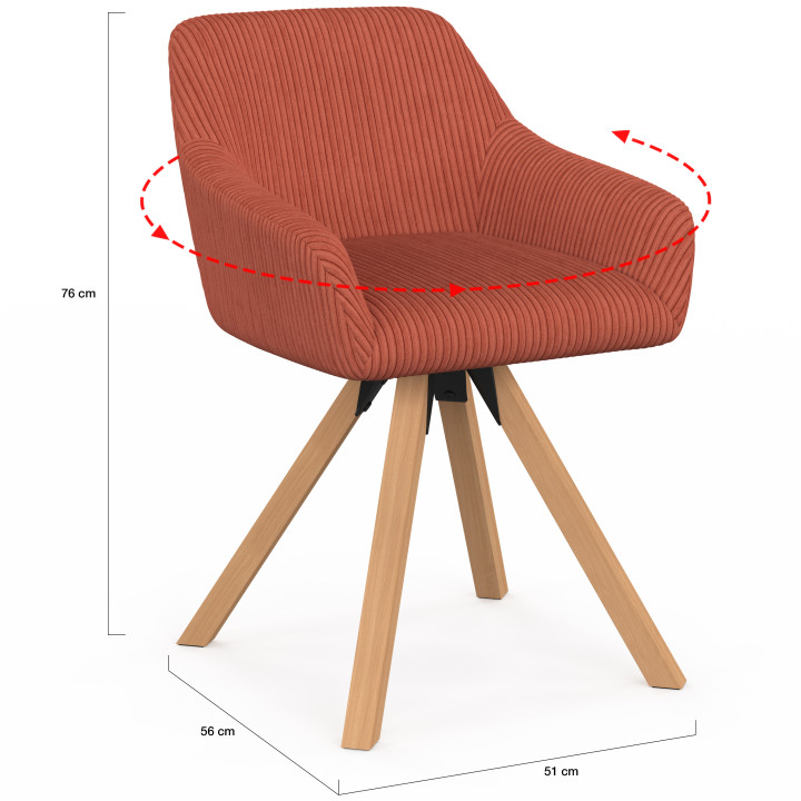 Set di 2 sedie da pranzo JANY, poltroncine da tavolo, velluto trapuntato color terracotta, gambe effetto legno