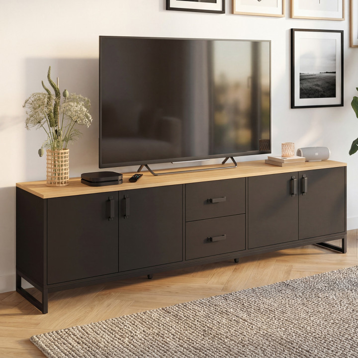 Mobile TV WASHINGTON 180 cm con 4 ante e 2 cassetti in nero e legno