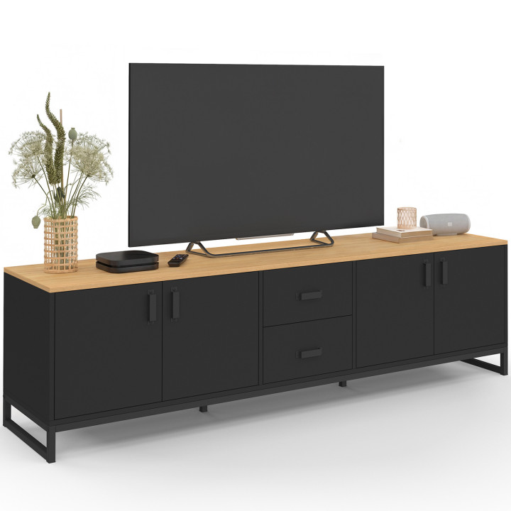 Mobile TV WASHINGTON 180 cm con 4 ante e 2 cassetti in nero e legno