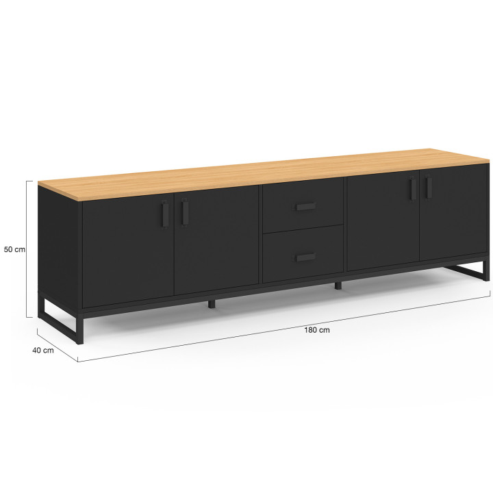 Mobile TV WASHINGTON 180 cm con 4 ante e 2 cassetti in nero e legno