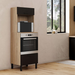 CINA Armadio forno/microonde a colonna da 60 cm a 2 porte, nero e faggio