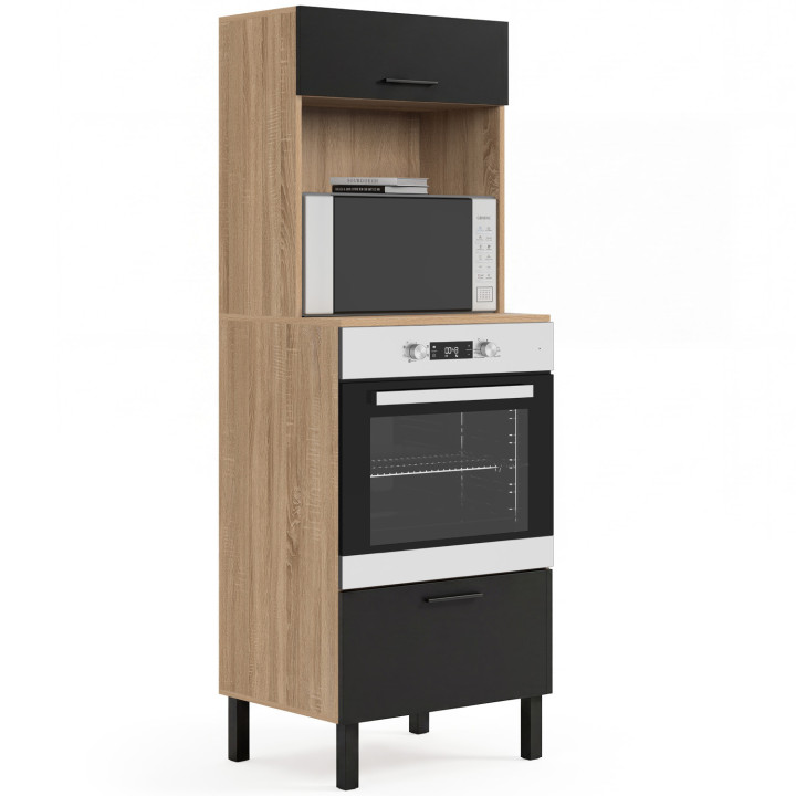 CINA Armadio forno/microonde a colonna da 60 cm a 2 porte, nero e faggio
