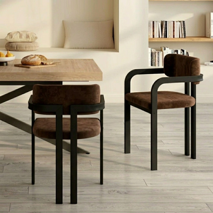 Set di 2 sedie da pranzo in metallo nero e velluto marrone - ESMA | IdMarket
