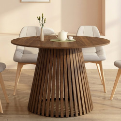 Tavolo da pranzo rotondo CARMEN per 6 persone con gambe a doghe in noce e piano in noce da 110 cm