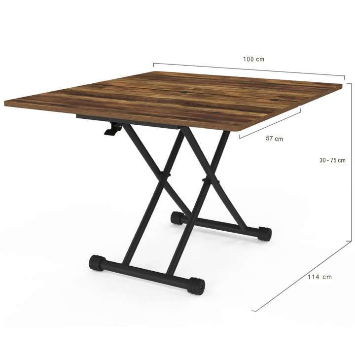 Tavolino industriale sollevabile in legno scuro con effetto invecchiato e nero - URBANA | ID Market