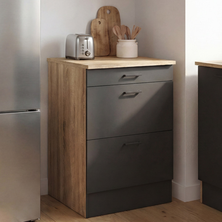 Base cucina 60 cm SUBTIL casseruola occasionale 3 cassetti legno e nero