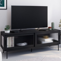 Mobile TV ZINEB 140 cm, 2 ante scorrevoli in vetro, frontale nero scanalato