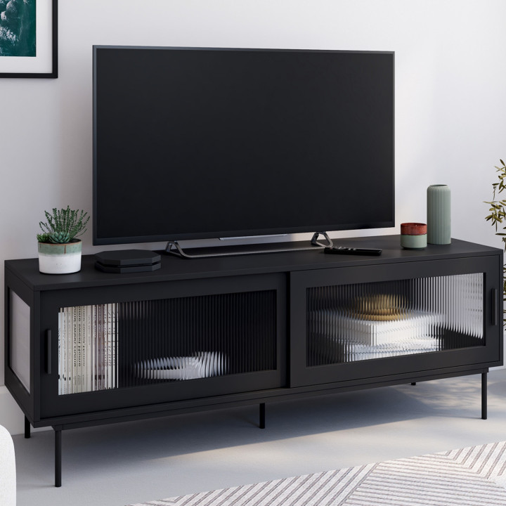 Mobile TV ZINEB 140 cm, 2 ante scorrevoli in vetro, frontale nero scanalato