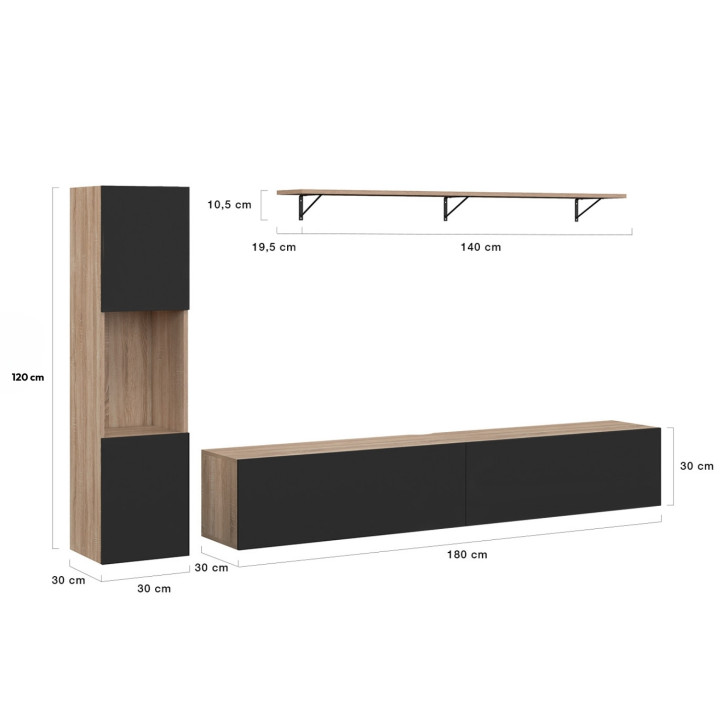 Porta TV 180 cm con colonne e ripiani in legno e nero - ELIO | Zen Cart! IDMarket