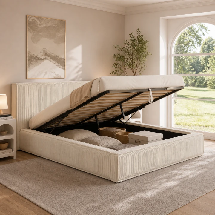 Letto matrimoniale con rete 140 x 190 cm in velluto a coste beige - JADE | IdMarket