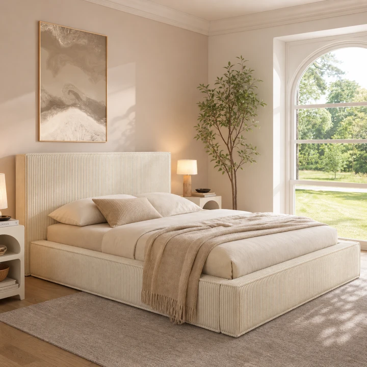 Letto matrimoniale con rete 140 x 190 cm in velluto a coste beige - JADE | IdMarket