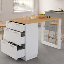 VITO 130 cm Casseruola a isola bianca a 3 cassetti con piano in legno, 4 persone
