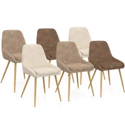 Set di 6 sedie THALYA in tessuto misto ciniglia in taupe x2, beige x2, marrone x2 e gambe effetto legno con braccioli