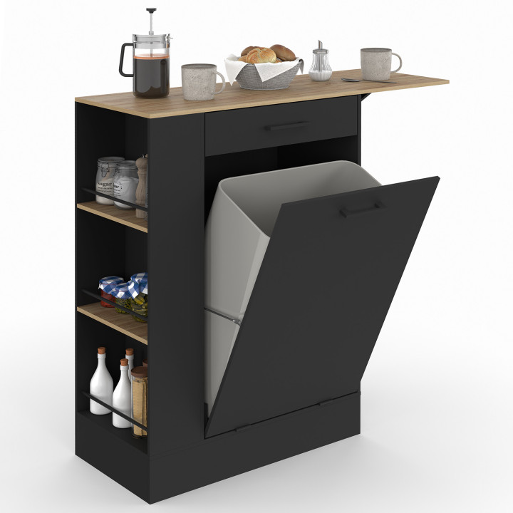 Credenza da cucina compatta TIBO 90 cm con cestino, ripiano ribaltabile, 1 cassetto e 3 ripiani laterali in legno e nero
