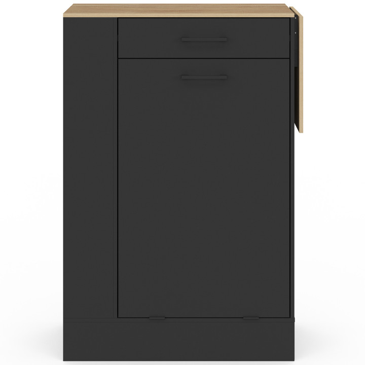 Credenza da cucina compatta TIBO 90 cm con cestino, ripiano ribaltabile, 1 cassetto e 3 ripiani laterali in legno e nero