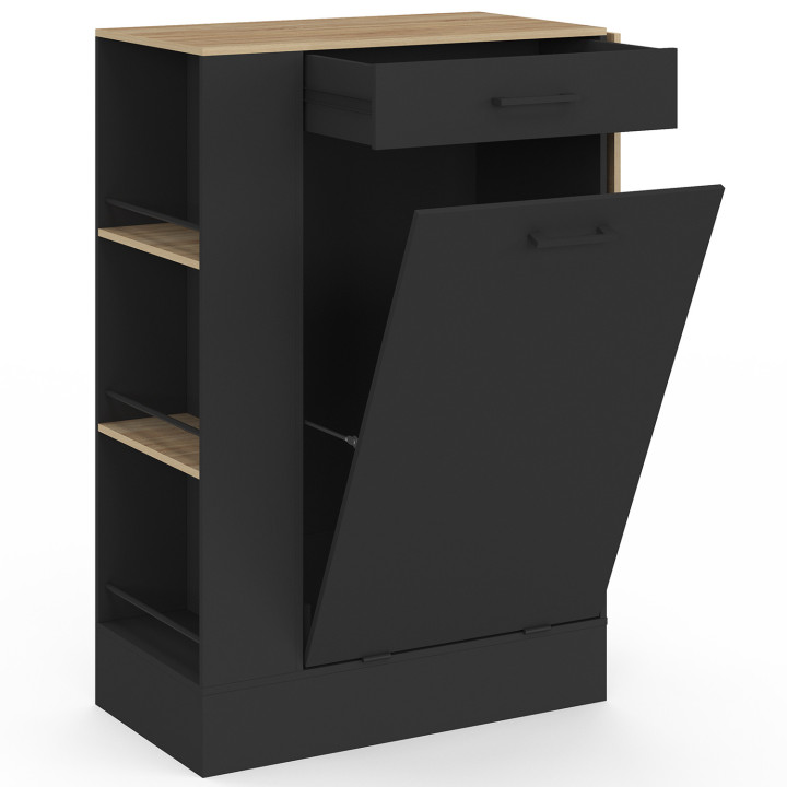 Credenza da cucina compatta TIBO 90 cm con cestino, ripiano ribaltabile, 1 cassetto e 3 ripiani laterali in legno e nero