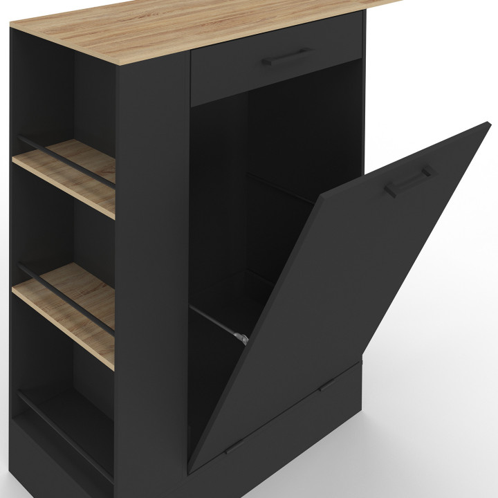 Credenza da cucina compatta TIBO 90 cm con cestino, ripiano ribaltabile, 1 cassetto e 3 ripiani laterali in legno e nero