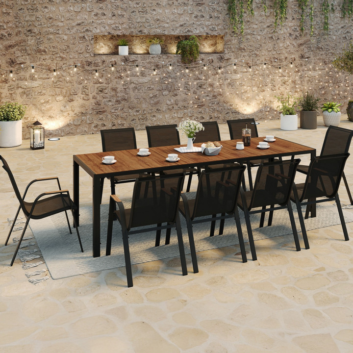 Set di mobili da giardino con 10 sedie impilabili tavolo 240 cm nero e legno - NOUMEA | ID Market