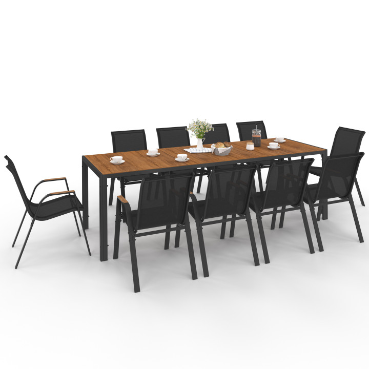 Set di mobili da giardino con 10 sedie impilabili tavolo 240 cm nero e legno - NOUMEA | ID Market