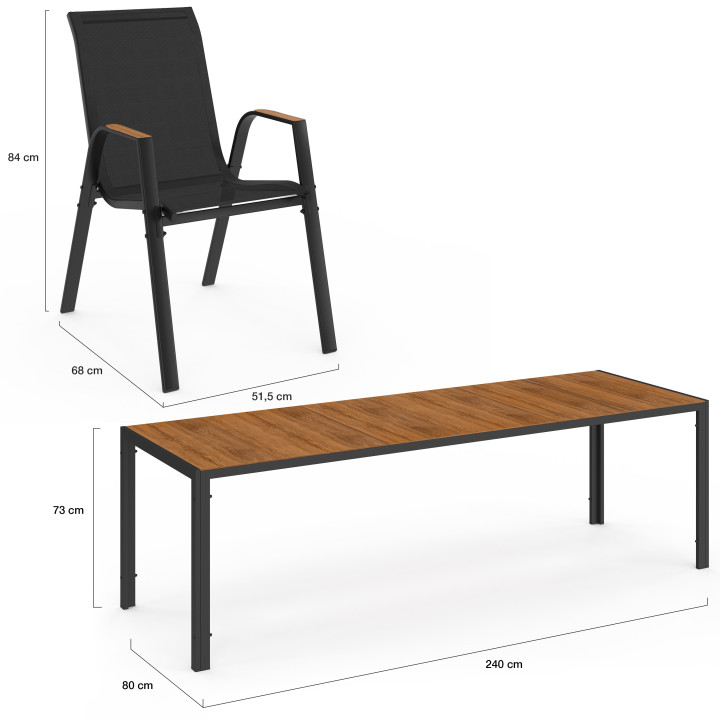 Set di mobili da giardino con 10 sedie impilabili tavolo 240 cm nero e legno - NOUMEA | ID Market