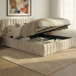 Letto matrimoniale con testiera 160x200cm in velluto beige - ALBA | ID Market