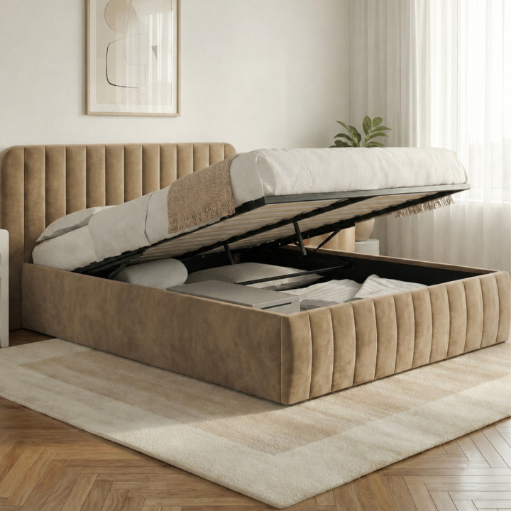 Letto matrimoniale con testiera e rete 140 x 190 cm in velluto tortora - ALBA | IdMarket