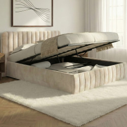 Letto matrimoniale con rete e testata 140x190 in velluto beige - ALBA | ID Market