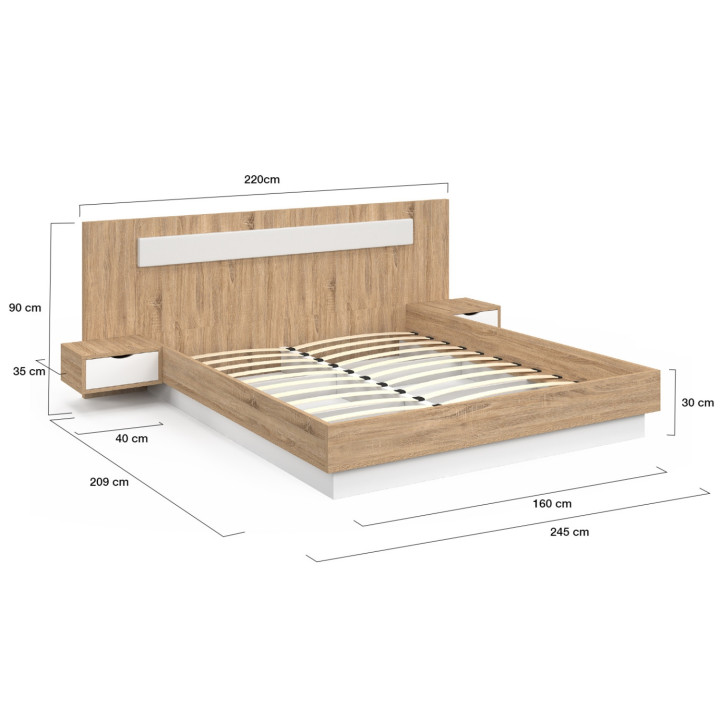 Letto matrimoniale con testata, rete e comodini in legno e bianco - SANTA | IDMarket