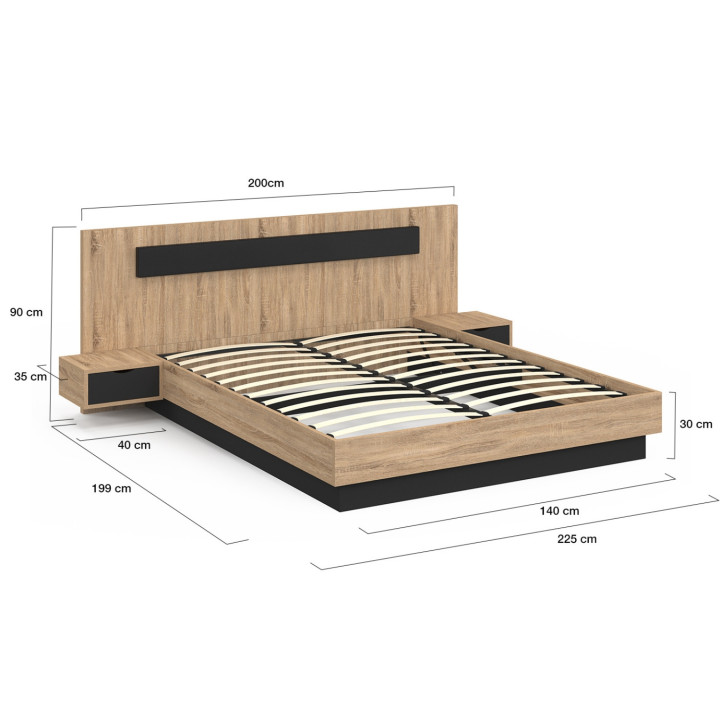 Letto matrimoniale 140x190 cm con testiera in legno e comodini sospesi neri - SANTA | ID Market