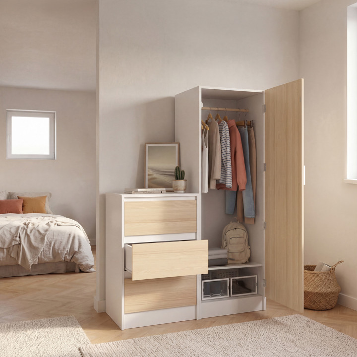 Armadio AMBRE a 1 anta con cassettiera a 3 cassetti da 100 cm componibile in faggio e bianco
