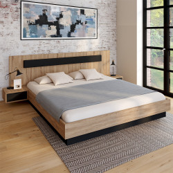 Letto matrimoniale con testiera, comodini e base in legno e nero - SANTA | IDMarket