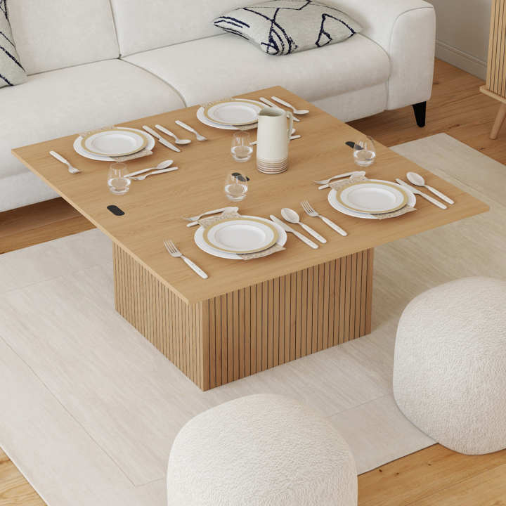 Tavolino rettangolare con piano sollevabile, trasformabile in tavolo da pranzo JULIETTE, 100 cm, effetto doghe di legno