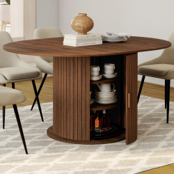 JULIETTE Tavolo da pranzo rotondo allungabile per 4-8 persone con gambe a doghe e contenitore in noce 110-150 cm