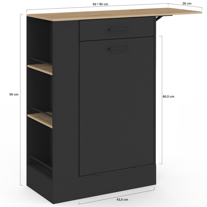Credenza da cucina compatta TIBO 90 cm con cestino, ripiano ribaltabile, 1 cassetto e 3 ripiani laterali in legno e nero