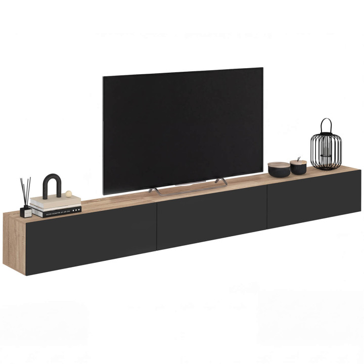 Mobile TV sospeso da 270 cm con 3 ante nere e legno - ELIO | IdMarket