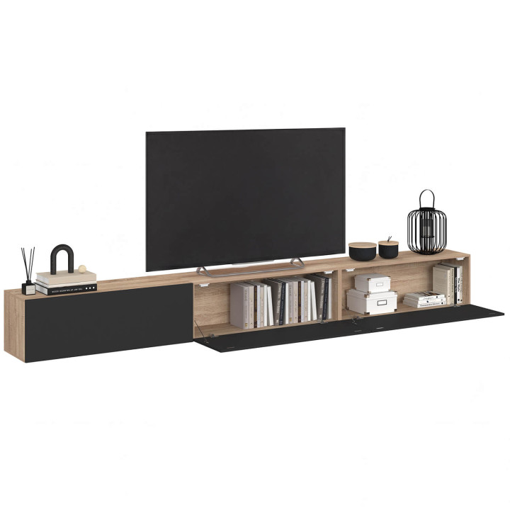 Mobile TV sospeso da 270 cm con 3 ante nere e legno - ELIO | IdMarket