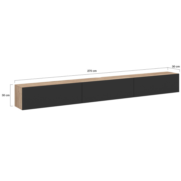 Mobile TV sospeso da 270 cm con 3 ante nere e legno - ELIO | IdMarket