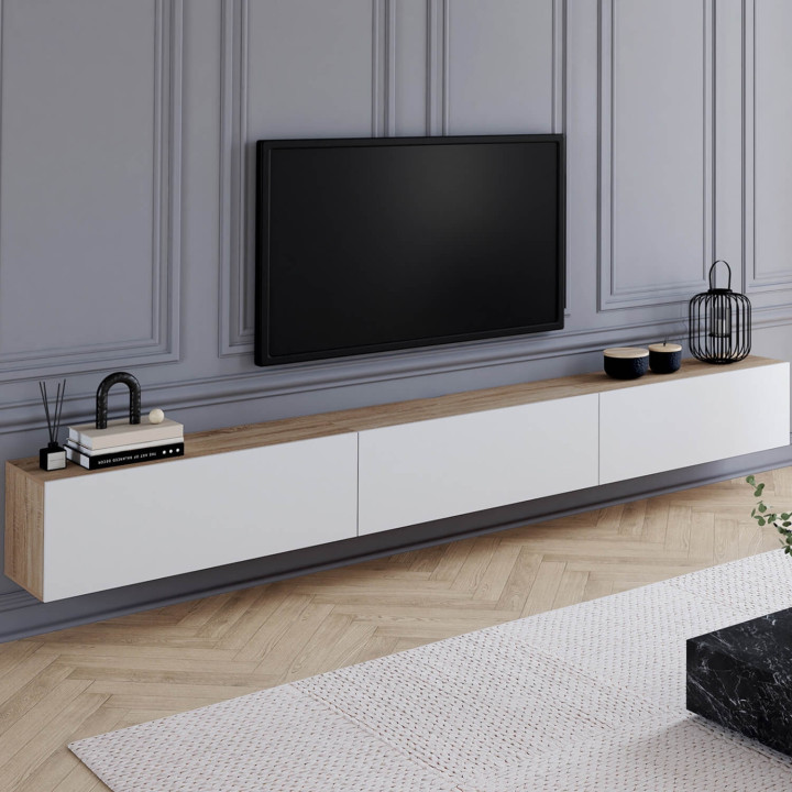 Mobile TV sospeso da 270 cm con 3 ante in legno e bianco - ELIO | IdMarket