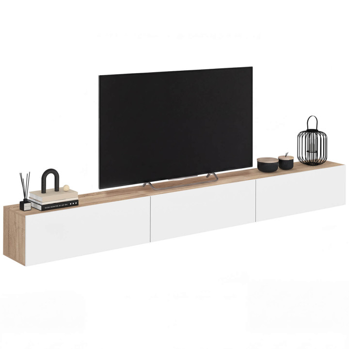 Mobile TV sospeso da 270 cm con 3 ante in legno e bianco - ELIO | IdMarket
