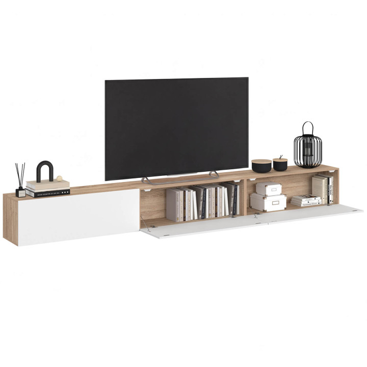 Mobile TV sospeso da 270 cm con 3 ante in legno e bianco - ELIO | IdMarket