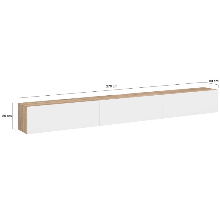 Mobile TV sospeso da 270 cm con 3 ante in legno e bianco - ELIO | IdMarket