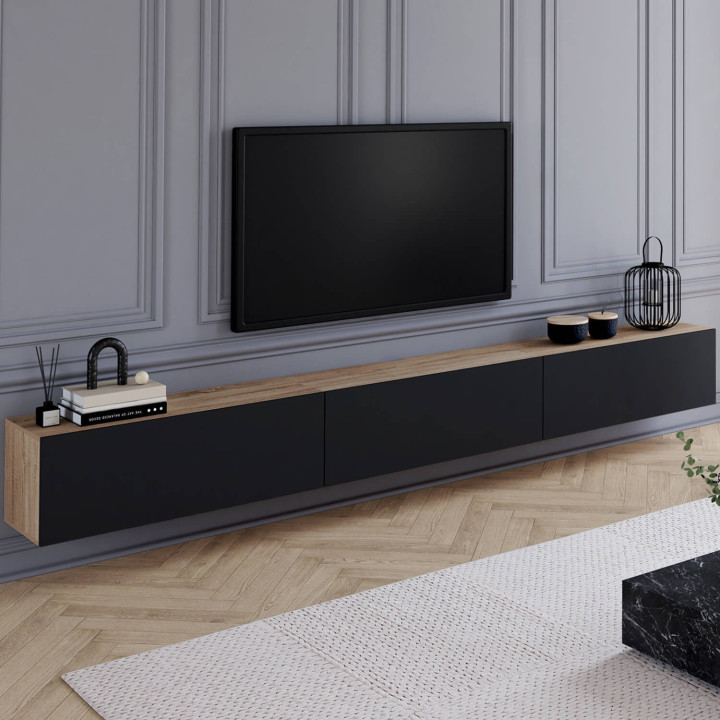 Mobile TV sospeso da 270 cm con 3 ante nere e legno - ELIO | IdMarket