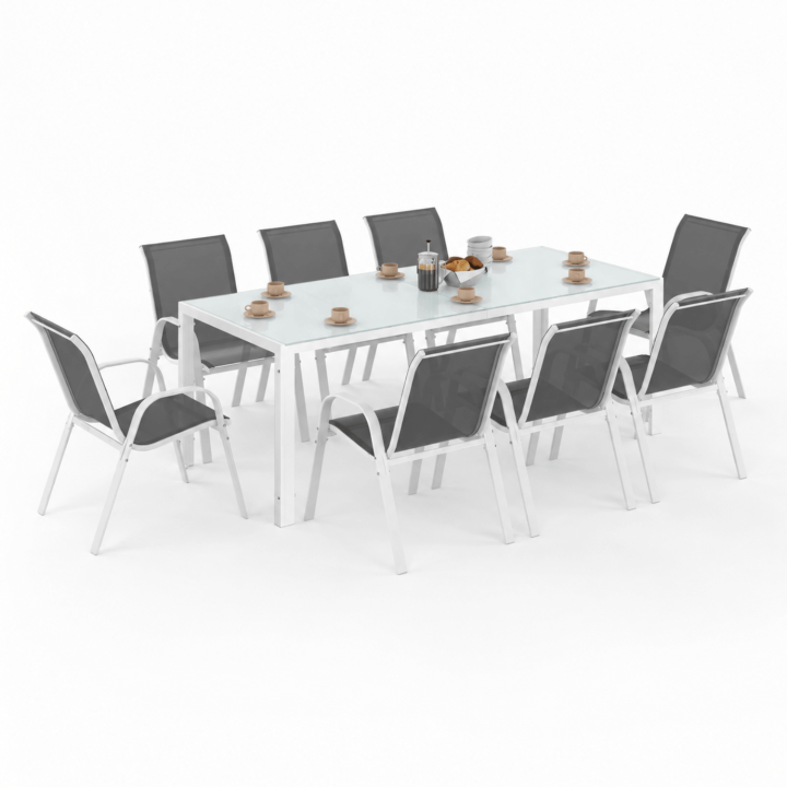 Set di mobili da giardino MADRID 190cm tavolo e 8 sedie impilabili bianco e grigio