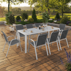 Set di mobili da giardino MADRID 190cm tavolo e 8 sedie impilabili bianco e grigio