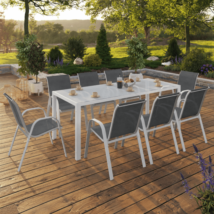 Set di mobili da giardino MADRID 190cm tavolo e 8 sedie impilabili bianco e grigio