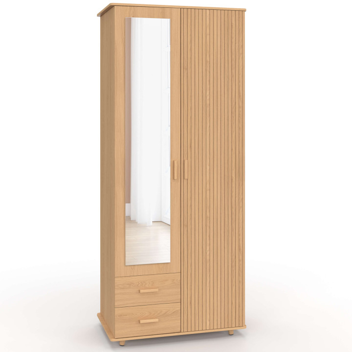 JULIETTE Armadio a 2 ante con effetto doghe in legno 80 cm Armadio con 2 cassetti, specchio e ripiani