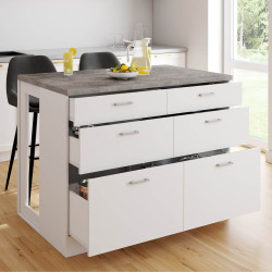 Isola centrale breakfront ORSO da 120 cm con 6 cassetti bianchi e piano di lavoro effetto cemento